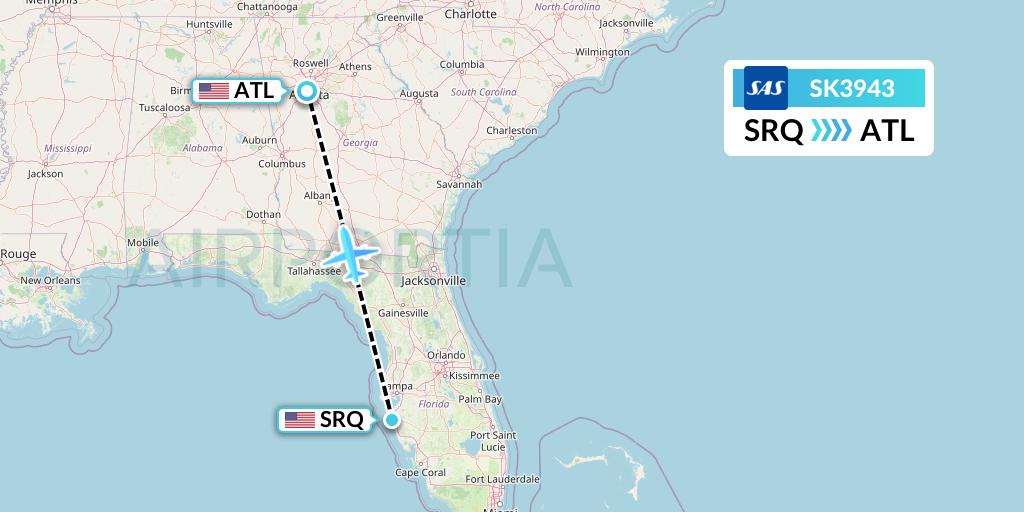 SK3943 SAS Flight Map: Sarasota to Atlanta