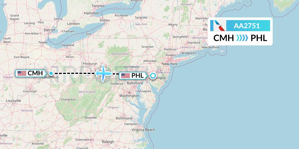 AA2751 American Airlines Flight Map: Columbus to Philadelphia