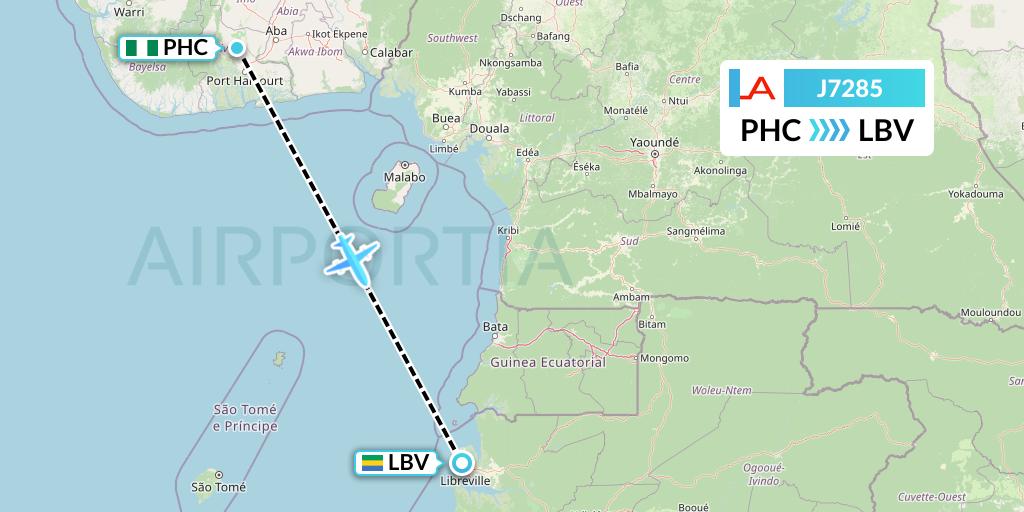 J7285 Afrijet Business Services Flight Map: Port Harcourt to Libreville