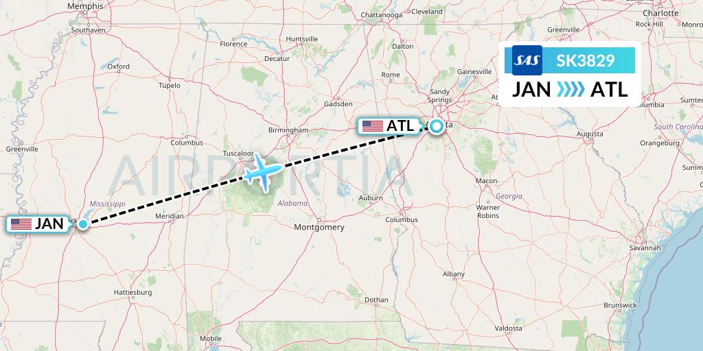 SK3829 SAS Flight Map: Jackson to Atlanta