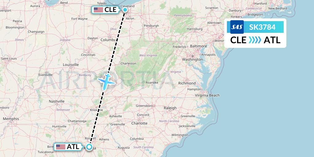 SK3784 SAS Flight Map: Cleveland to Atlanta