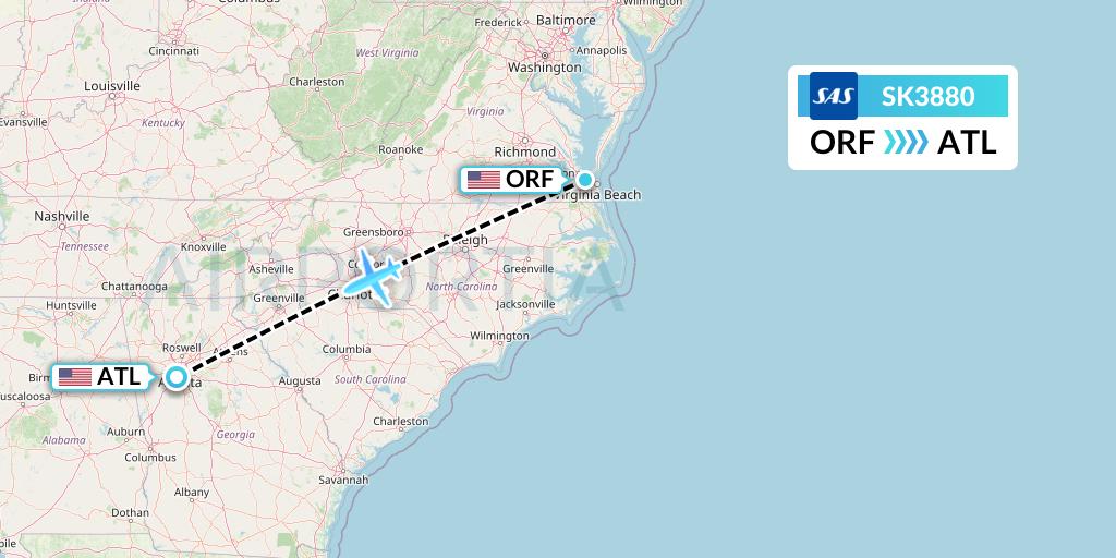 SK3880 SAS Flight Map: Norfolk to Atlanta