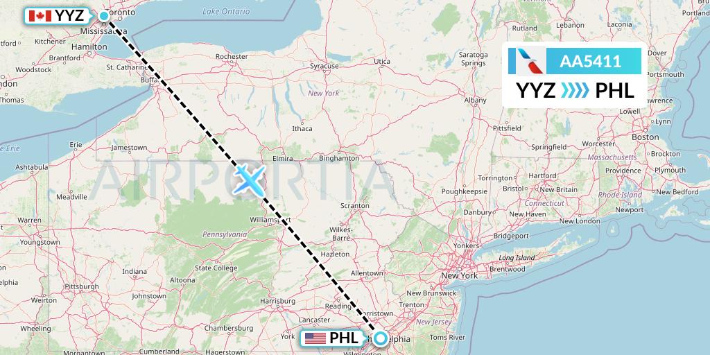 AA5411 American Airlines Flight Map: Toronto to Philadelphia