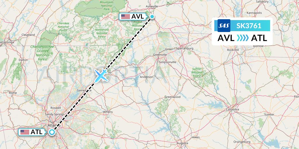SK3761 SAS Flight Map: Asheville to Atlanta