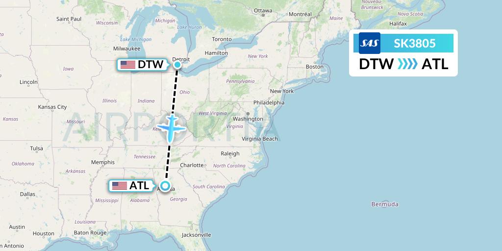 SK3805 SAS Flight Map: Detroit to Atlanta