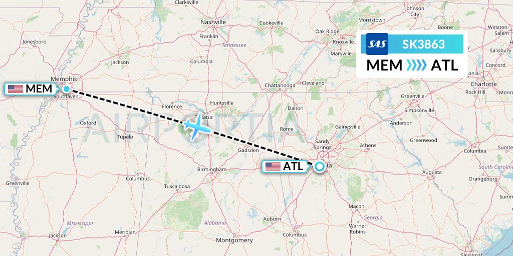 SK3863 SAS Flight Map: Memphis to Atlanta