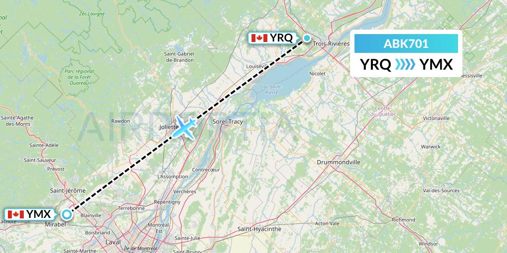 ABK701 Alberta Citylink Flight Map: Trois-Rivieres to Montreal