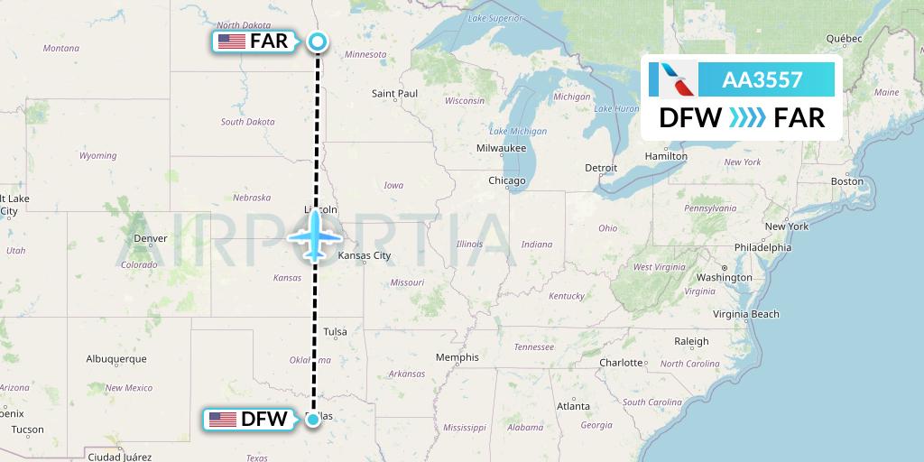 AA3557 American Airlines Flight Map: Dallas to Fargo