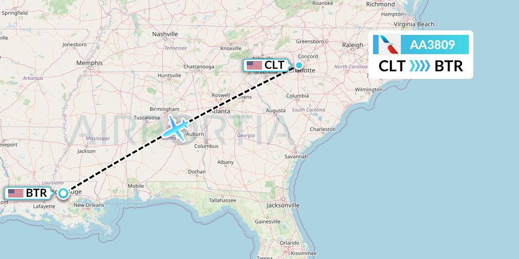 AA3809 American Airlines Flight Map: Charlotte to Baton Rouge