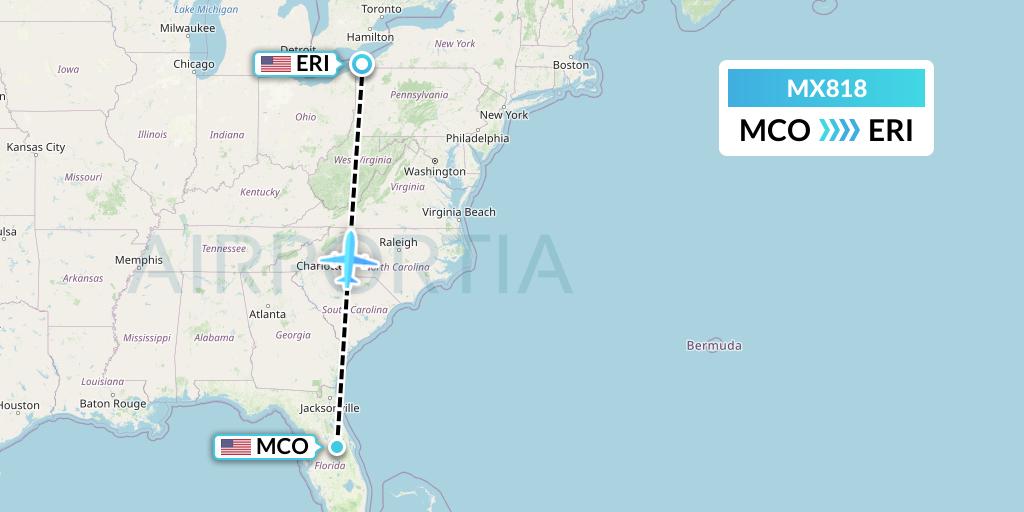 MX818 Breeze Airways Flight Map: Orlando to Erie