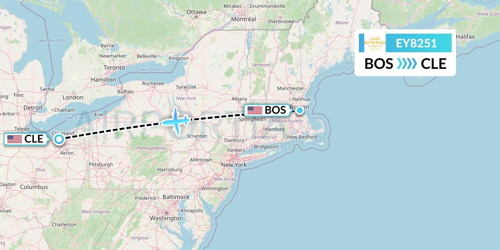 EY8251 Etihad Airways Flight Map: Boston to Cleveland