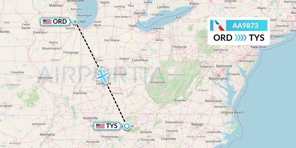 AA9873 American Airlines Flight Map: Chicago to Knoxville