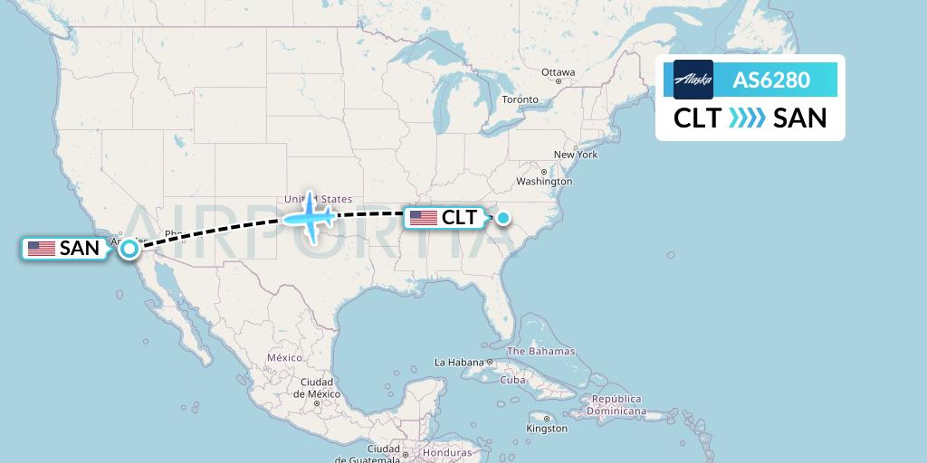 AS6280 Alaska Airlines Flight Map: Charlotte to San Diego