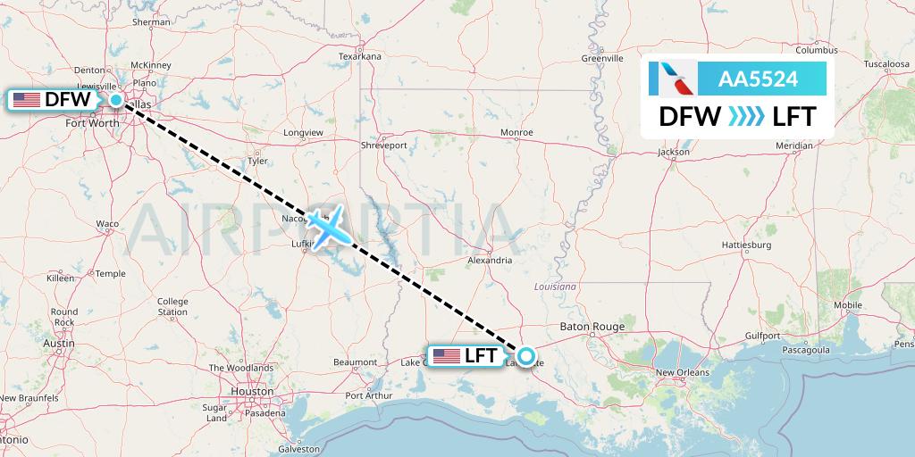 AA5524 American Airlines Flight Map: Dallas to Lafayette