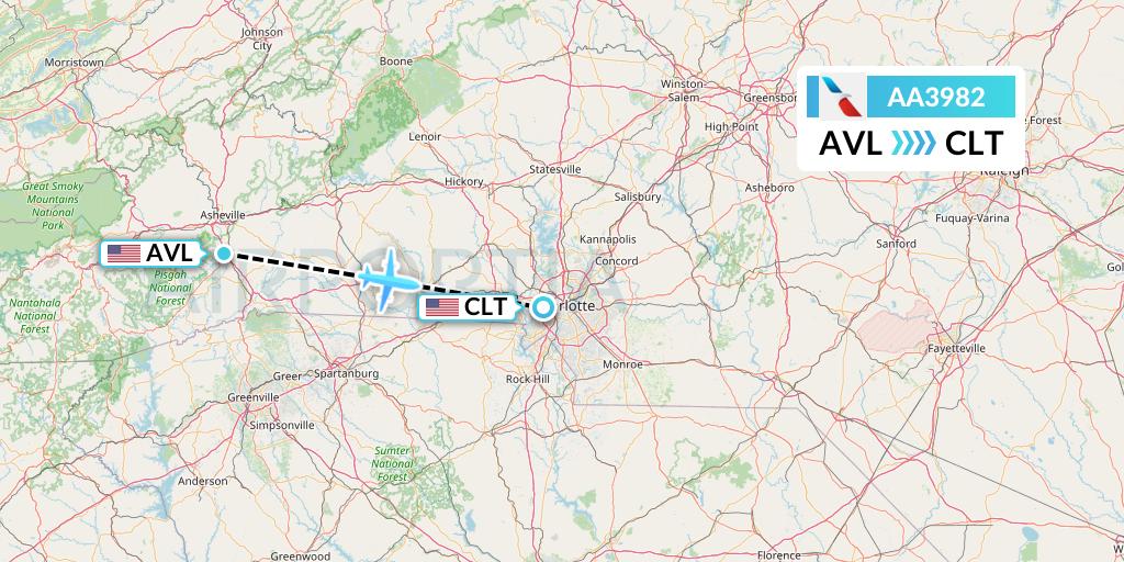 AA3982 American Airlines Flight Map: Asheville to Charlotte