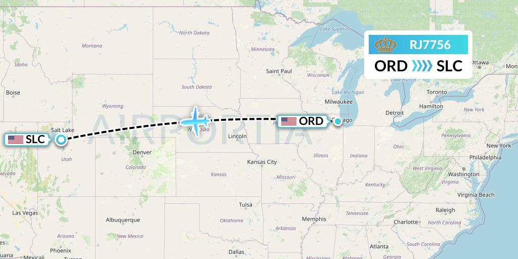 RJ7756 Royal Jordanian Flight Map: Chicago to Salt Lake City