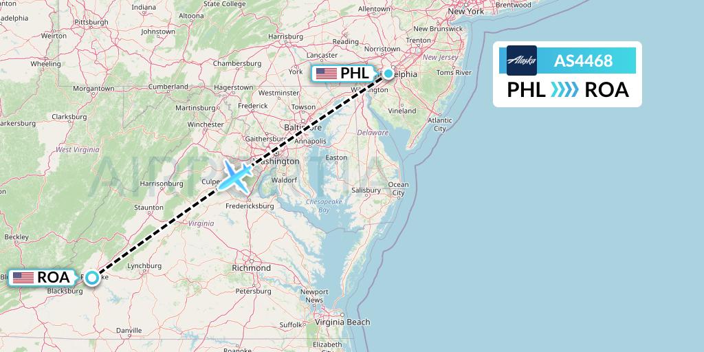 AS4468 Alaska Airlines Flight Map: Philadelphia to Roanoke