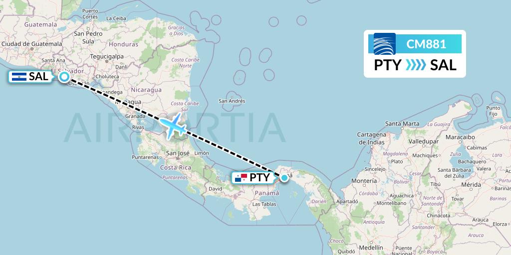 CM881 Copa Airlines Flight Map: Panama City to San Salvador