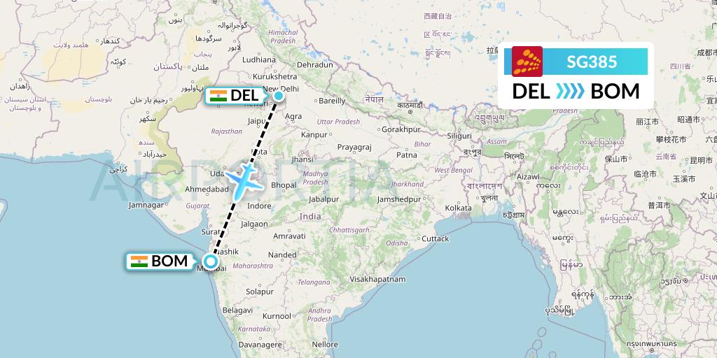 SG385 SpiceJet Flight Map: Delhi to Mumbai