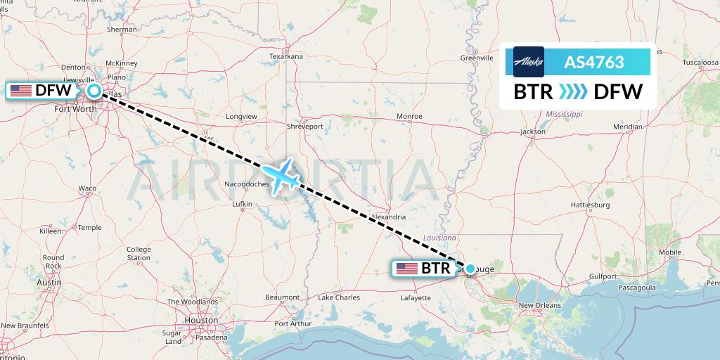 AS4763 Alaska Airlines Flight Map: Baton Rouge to Dallas