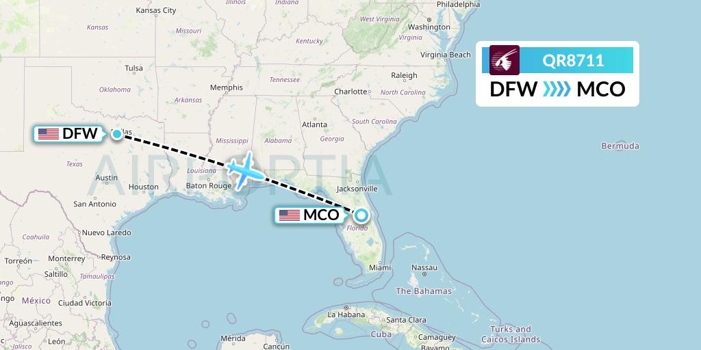 QR8711 Qatar Airways Flight Map: Dallas to Orlando