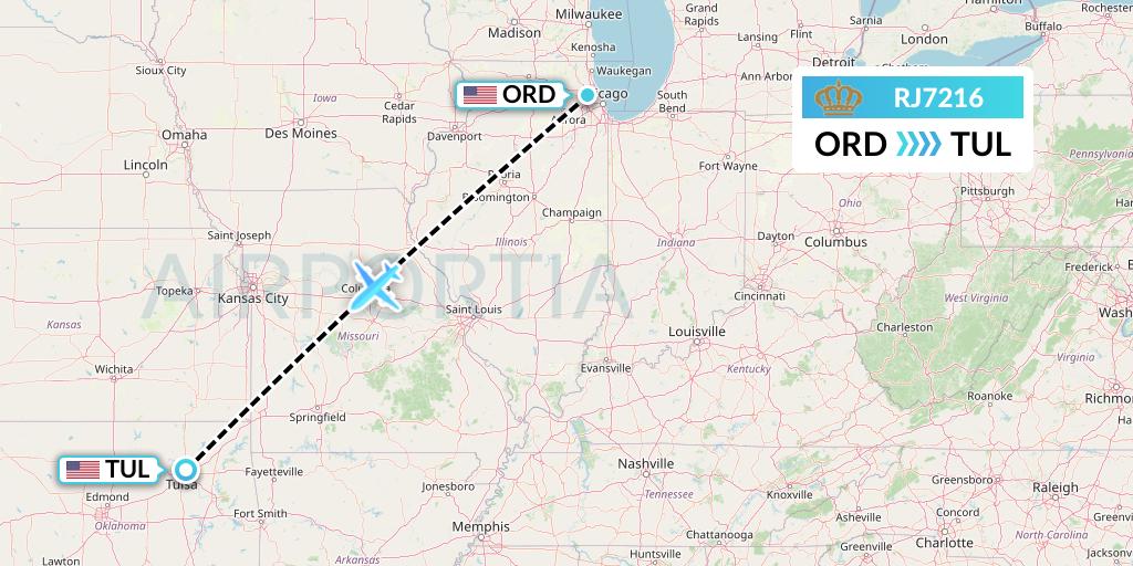 RJ7216 Royal Jordanian Flight Map: Chicago to Tulsa