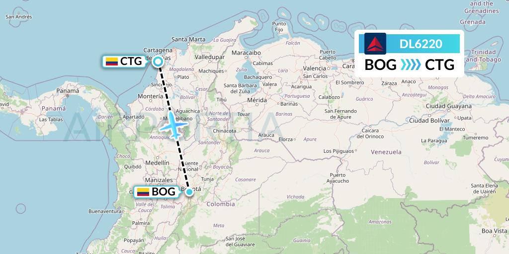 DL6220 Delta Air Lines Flight Map: Bogota to Cartagena