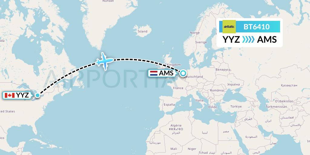 BT6410 Air Baltic Flight Map: Toronto to Amsterdam