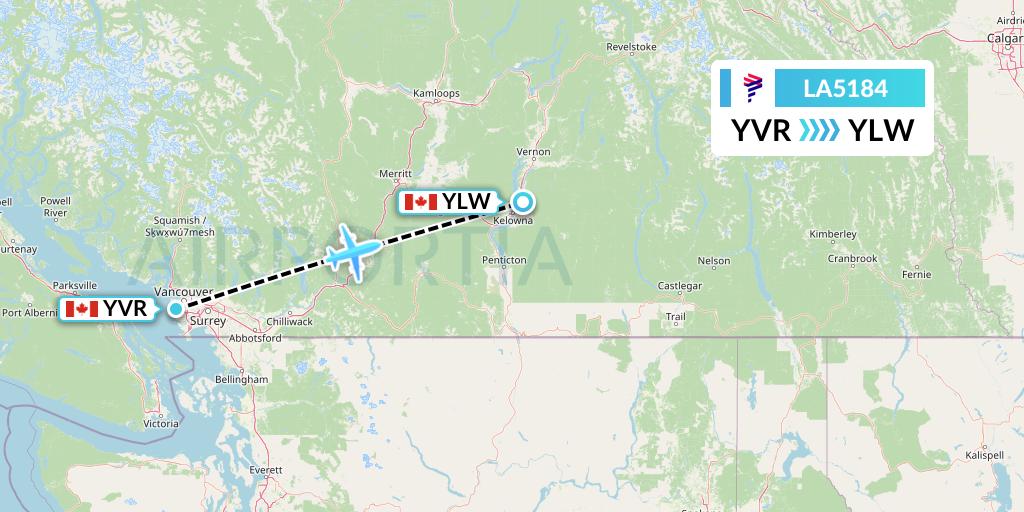 LA5184 LAN Airlines Flight Map: Vancouver to Kelowna