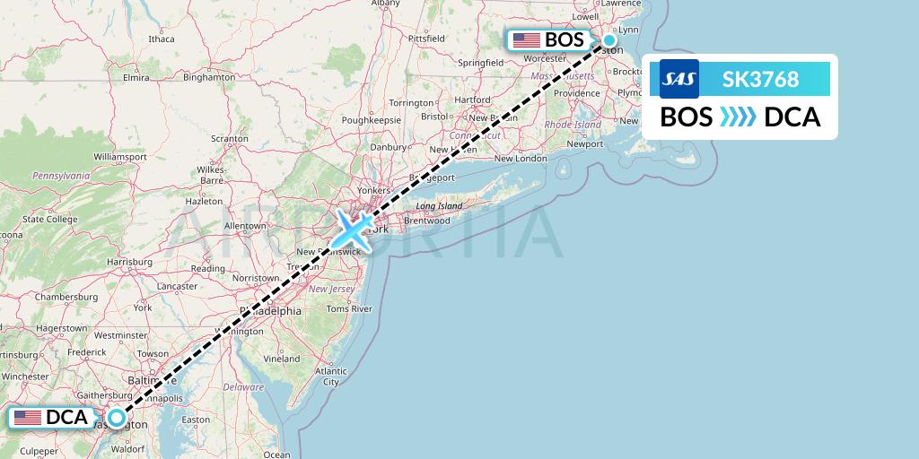 SK3768 SAS Flight Map: Boston to Washington