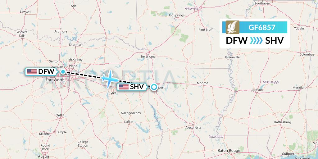 GF6857 Gulf Air Flight Map: Dallas to Shreveport