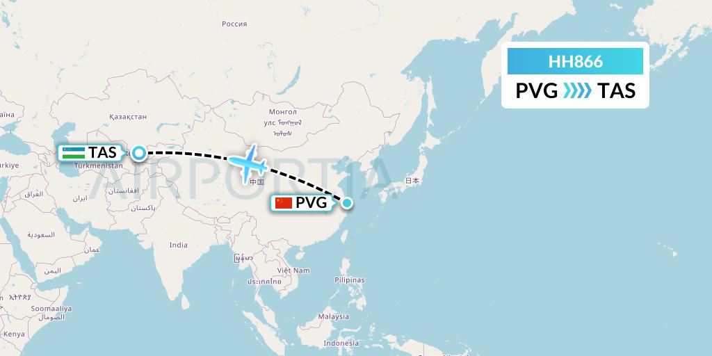 HH866 Qanot Sharq Flight Map: Shanghai to Tashkent