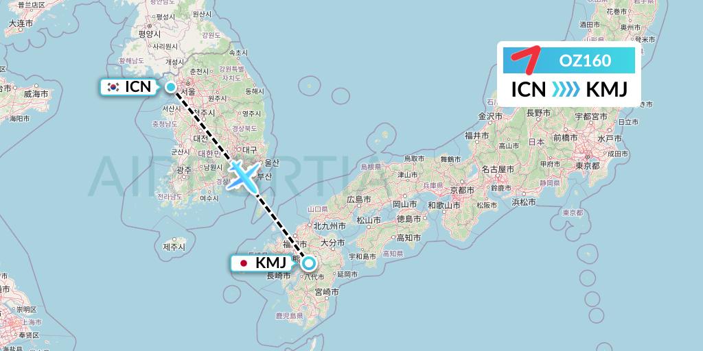OZ160 Asiana Airlines Flight Map: Seoul to Kumamoto