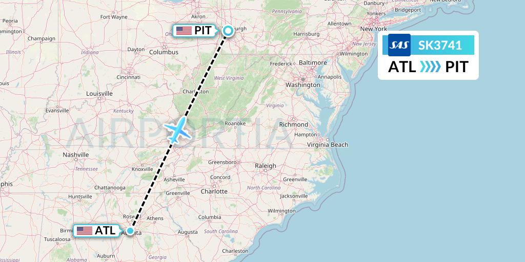 SK3741 SAS Flight Map: Atlanta to Pittsburgh