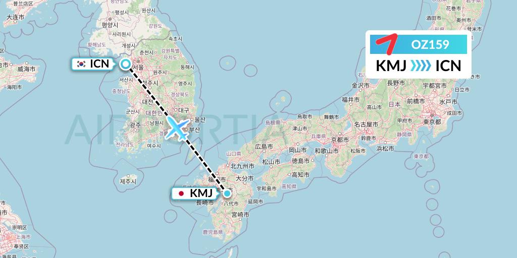 OZ159 Asiana Airlines Flight Map: Kumamoto to Seoul