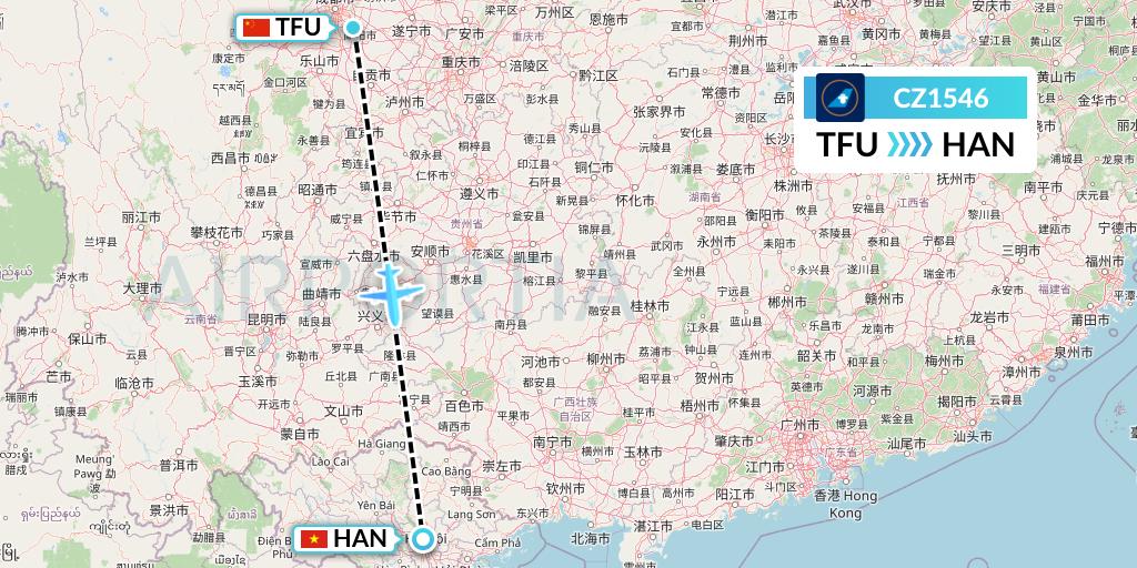CZ1546 China Southern Airlines Flight Map: Chengdu to Hanoi