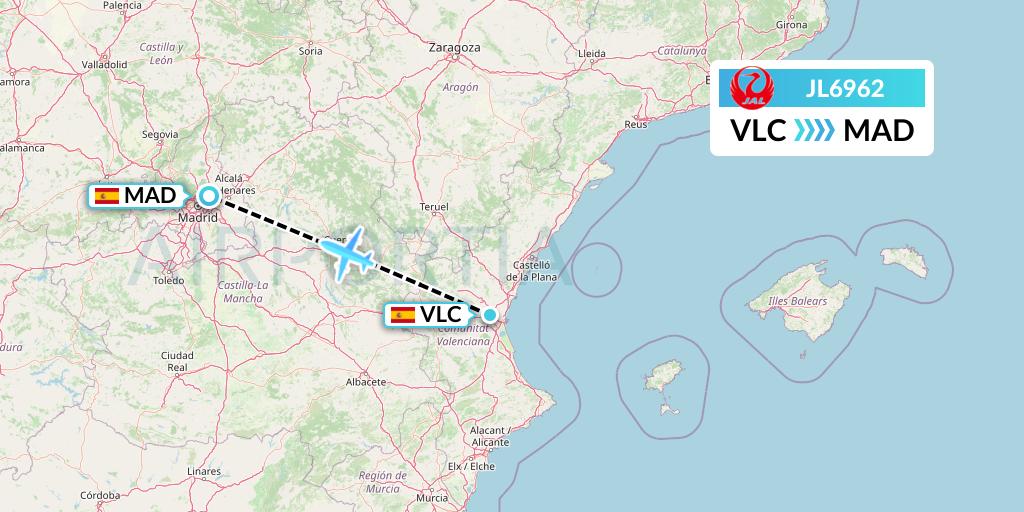 JL6962 Japan Airlines Flight Map: Valencia to Madrid
