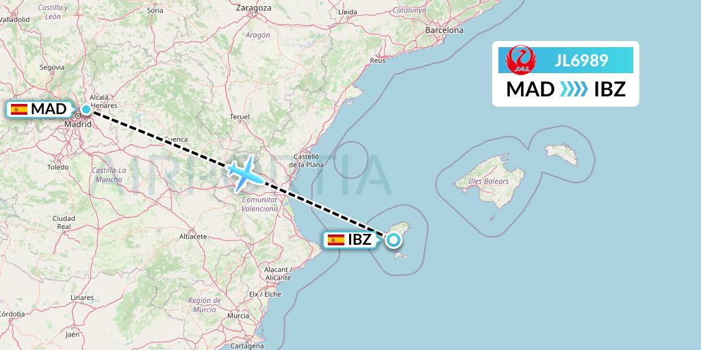 JL6989 Japan Airlines Flight Map: Madrid to Ibiza