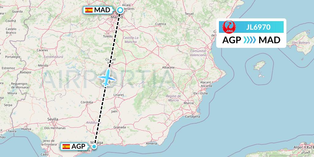 JL6970 Japan Airlines Flight Map: Malaga to Madrid