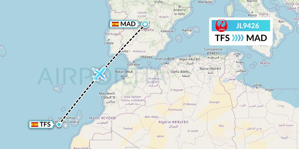 JL9426 Japan Airlines Flight Map: Tenerife to Madrid
