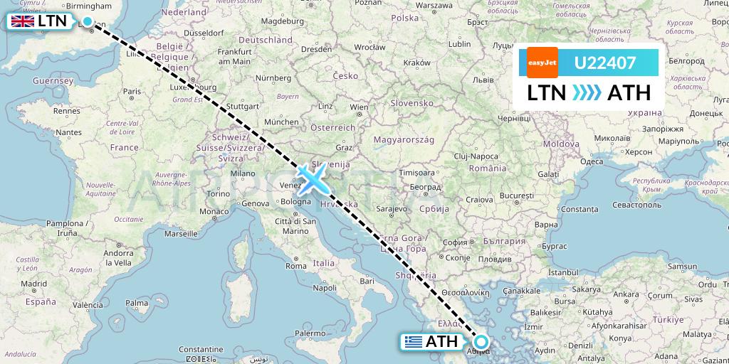 U22407 EasyJet Flight Map: London to Athens