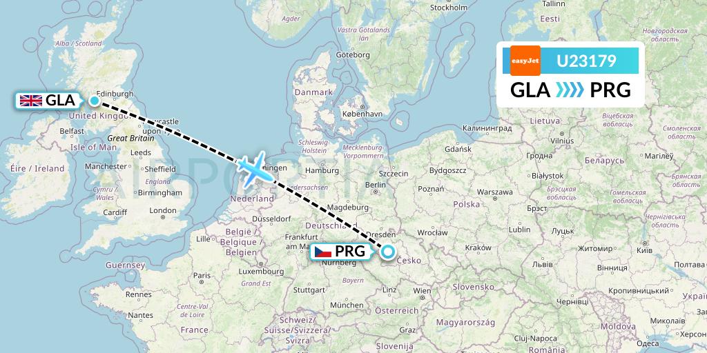 U23179 EasyJet Flight Map: Glasgow to Prague