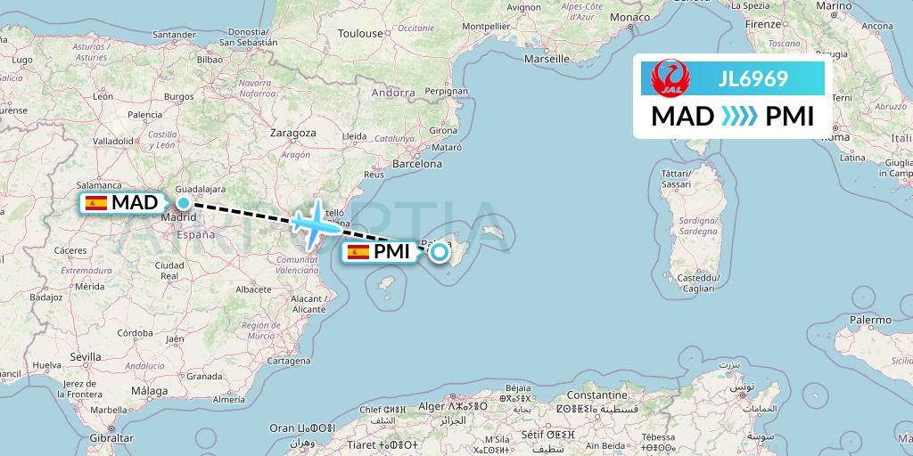 JL6969 Japan Airlines Flight Map: Madrid to Palma de Mallorca