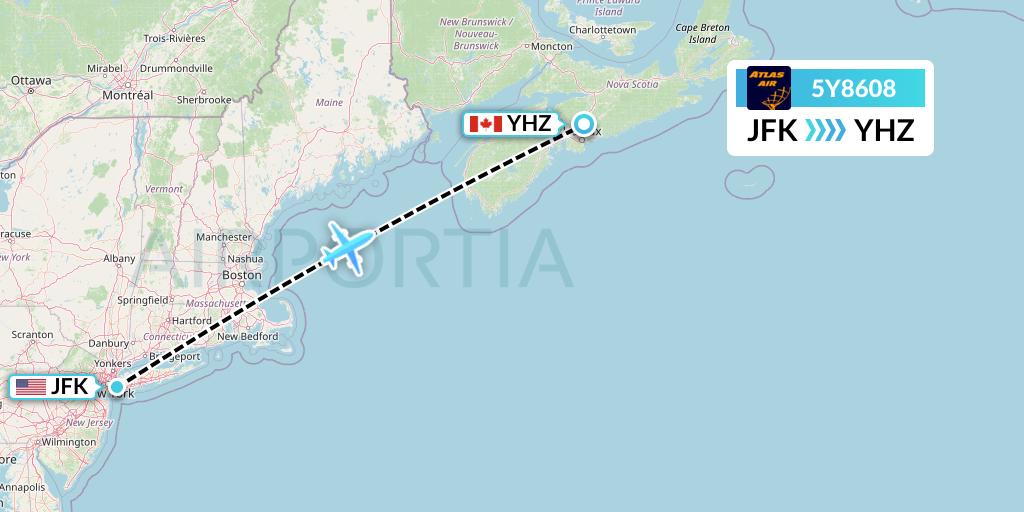 5Y8608 Atlas Air Flight Map: New York to Halifax