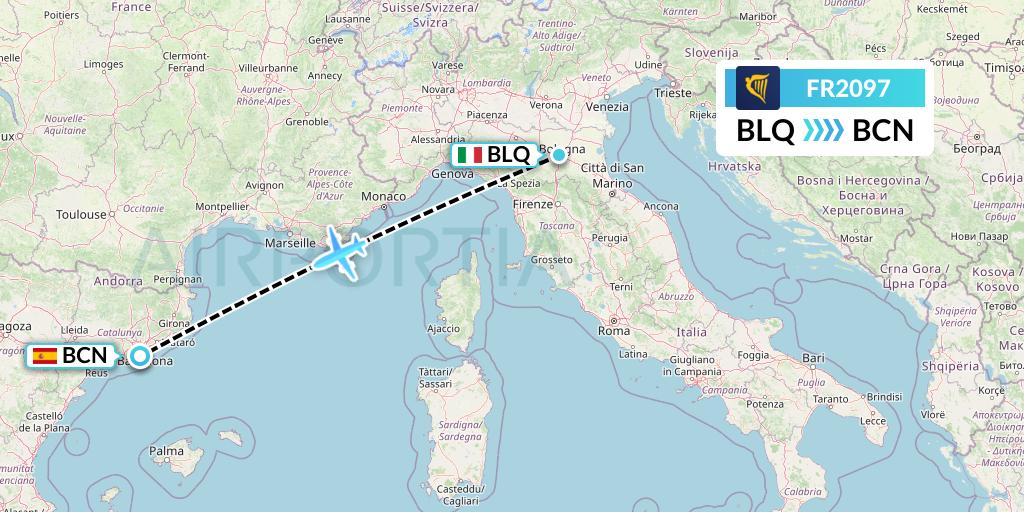 FR2097 Ryanair Flight Map: Bologna to Barcelona
