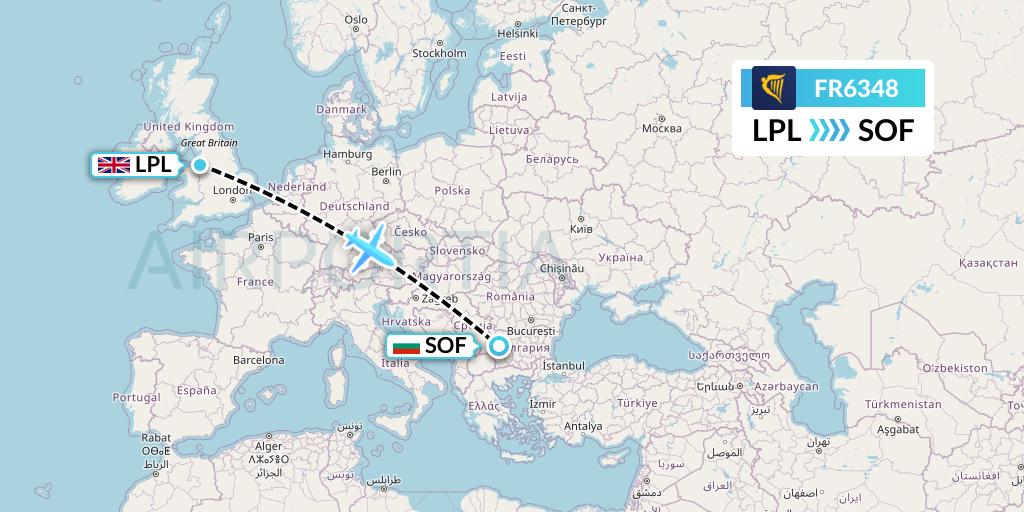FR6348 Ryanair Flight Map: Liverpool to Sofia