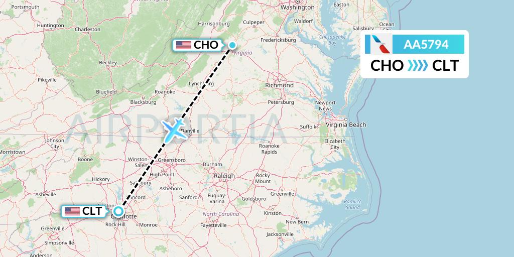 AA5794 American Airlines Flight Map: Charlottesville to Charlotte