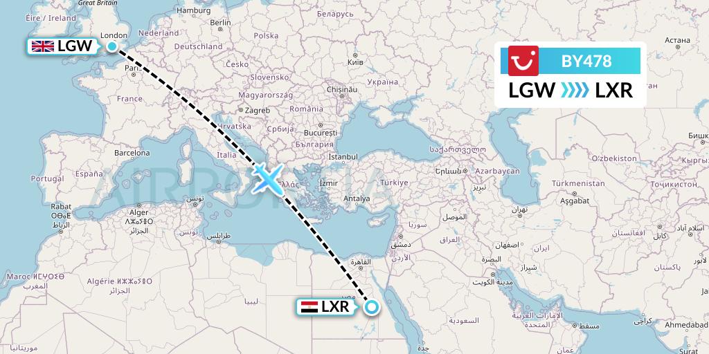 BY478 TUI Airways Flight Map: London to Luxor