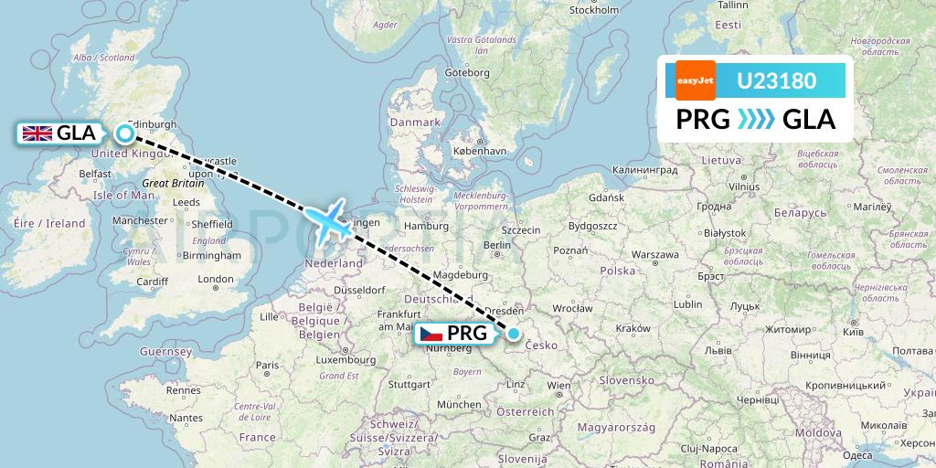 U23180 EasyJet Flight Map: Prague to Glasgow