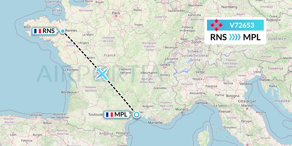 V72653 Volotea Flight Map: Rennes to Montpellier